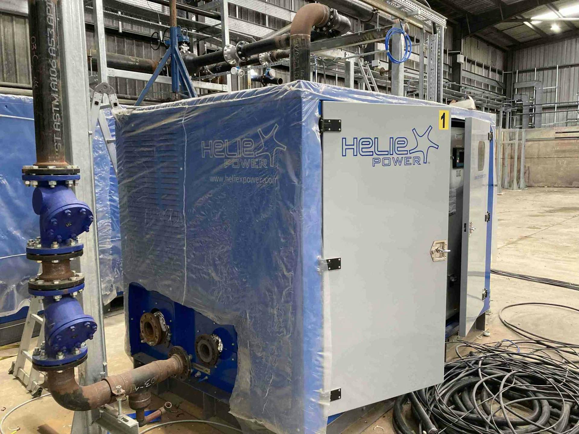Heliex GenSet 8Image of Heliex steam expander generator set showing exterior and piping - preowned zero hours organic rankine cycle for sale