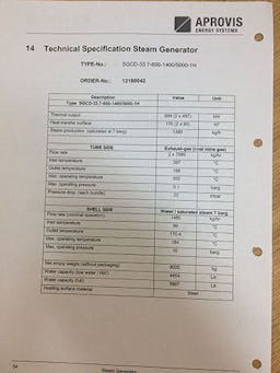 APROVIS 10Photo showing technical specifications for Aprovis steam generator - used steam turbines for sale
