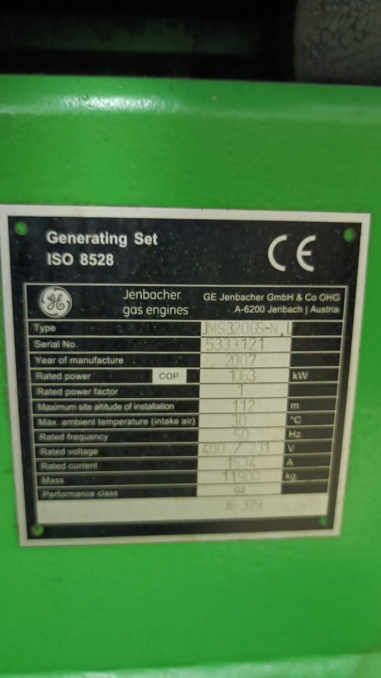 nullImage of Jenbacher 320 G.S N-L Natural Gas Generator Set showing specs for type and year of manufacturer - used gas generator