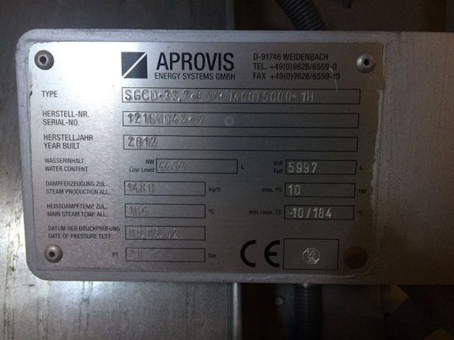 APROVIS 11Photo showing make model and year for Aprovis steam generator - secondhand steam turbine for sale 